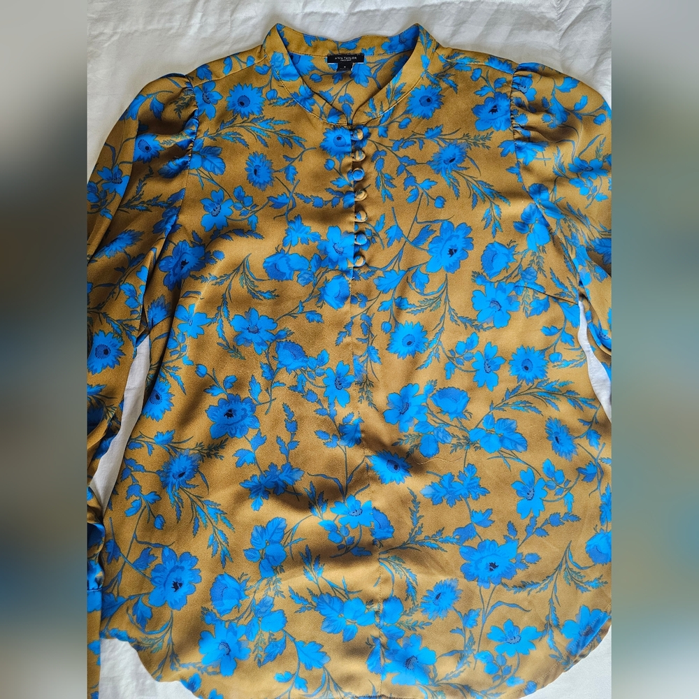 Ann Taylor Factory Mustard Blouse with Bright Blue Floral Print